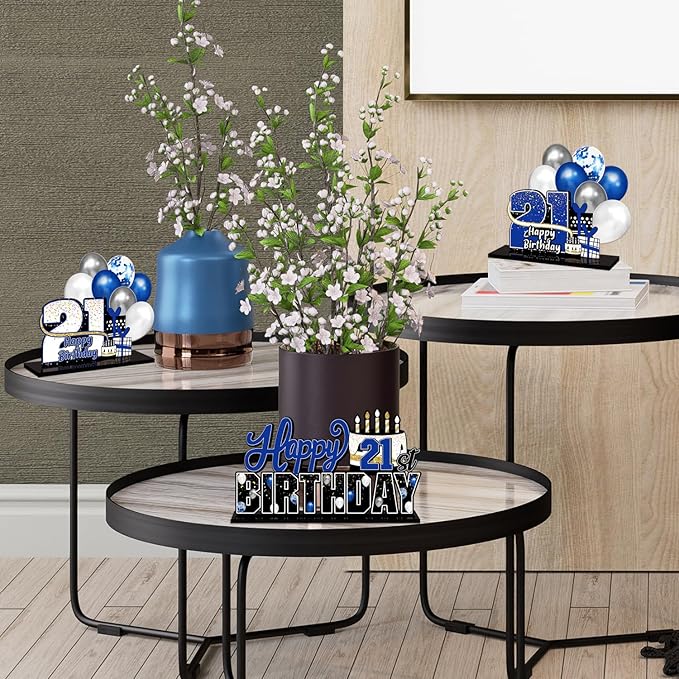 LINGTEER Happy 21st Birthday Blue Acrylic Table Topper Centerpieces