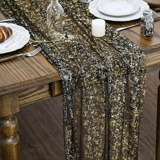 Artoid Mode Black Gold Gauze Table Runner 120 Inch 10FT, Glitter