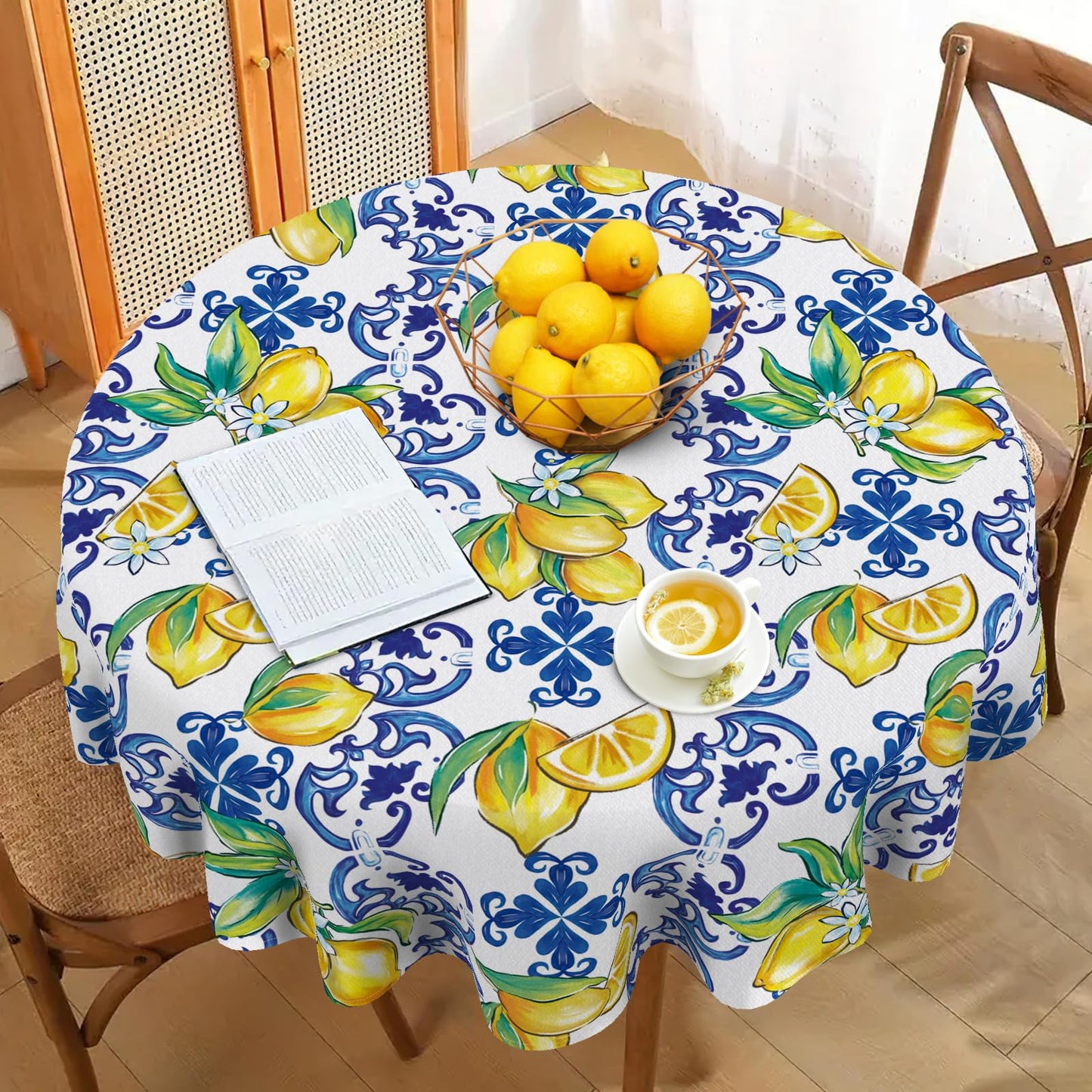 Livcoz Blue Lemon Italy Tile Pattern Round Tablecloth 70 x 70 Inches,