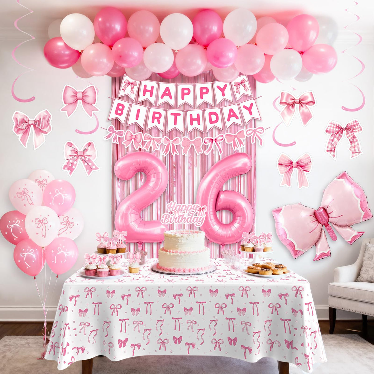 26th Pink Birthday Decorations for Women, Pink Bow Coquette Birthday