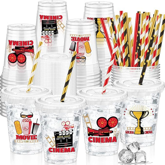 50 Pcs Movie Night Cups 12 oz Disposable Plastic Cups with Straws