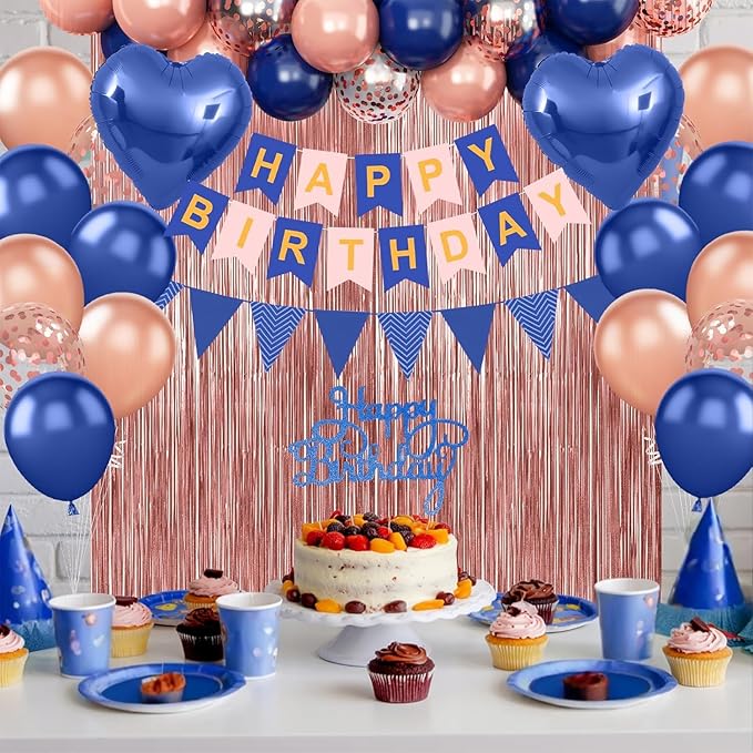 Navy Blue Rose Gold Birthday Decorations Happy Birthday Banner