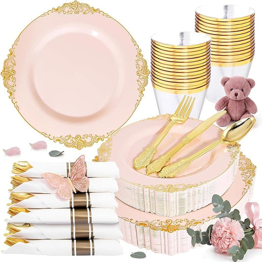 Nervure 175PCS Pink Plastic Plates - Disposable Pink Gold Party