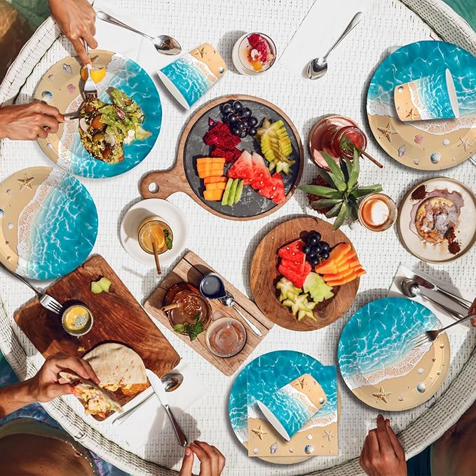 140Pcs Beach Party Supplies Ocean Waves Tableware Set Summer Beach