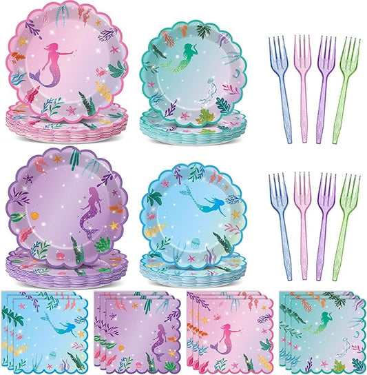 96PCS Mermaid Birthday Party Plates and Napkins Under The Sea