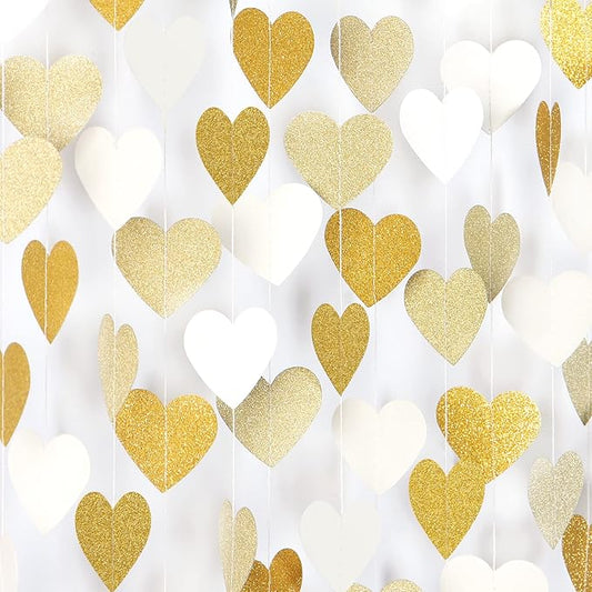White-Gold Champagne Party-Decorations Heart Streamers Garland - 52Ft
