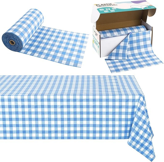 Kochorie 54 Inch x 300 Ft Light Blue Checkered Plastic Table Cloth