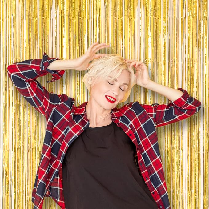 2 Pack Laser Gold Foil Fringe Backdrop Curtains, Tinsel