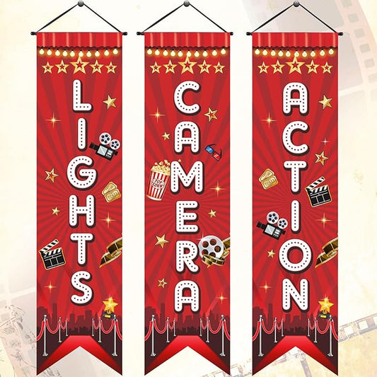Tegeme Movie Night Porch Sign Banner Movie Theme Party Decorations