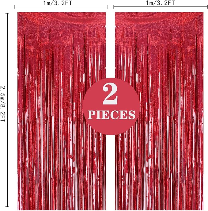 2 Pack 3.2ft x 8.2ft Red Foil Fringe Curtain, Glitter Metallic Tinsel