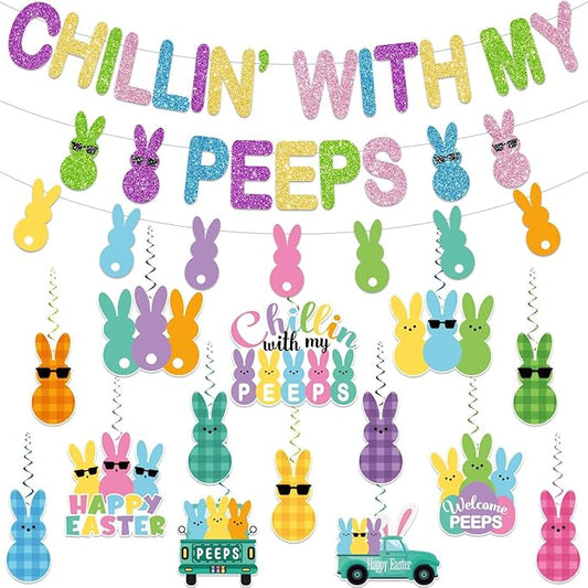 Easter Banner No DIY Glitter Colorful Chillin with My Peeps Banner