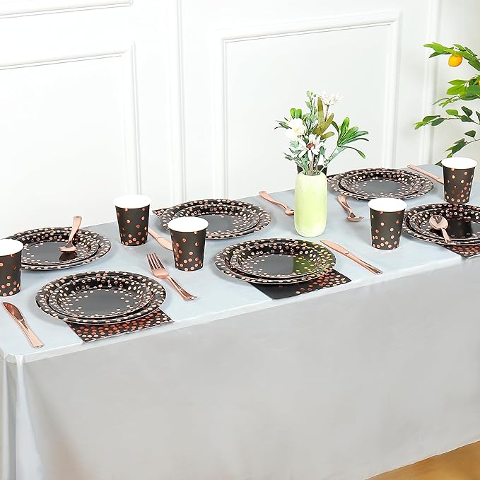 175PCS Black and Rose Gold Party Supplies,Rose Gold Dot on Black