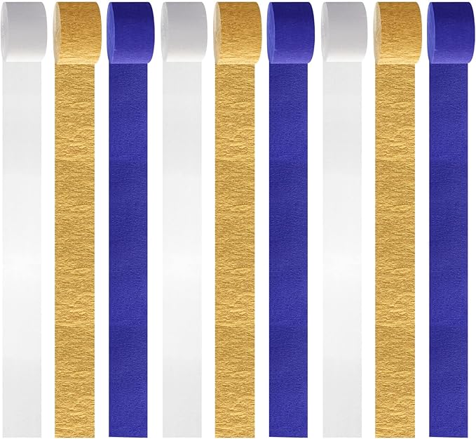 Navy-Blue White-Gold Crepe Paper Streamers - 9 Rolls Royal Blue