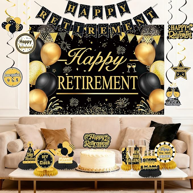 Retirement Party Decorations for Men Women Black Gold Happy Retirement