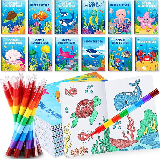 12 Under the Sea Mini Coloring Books Kids with 12 Stacking Crayons
