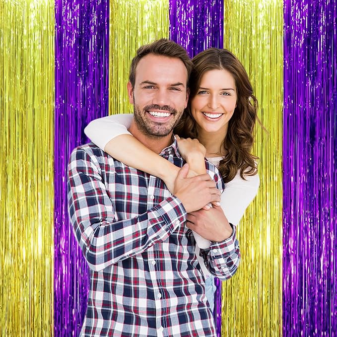 Voircoloria 3 Pack 3.3 x 8.2 ft Purple and Gold Foil Fringe Backdrop