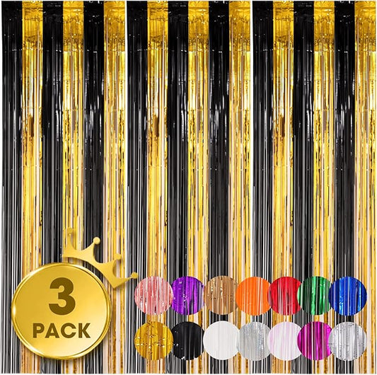 Voircoloria 3 Pack 3.3x8.2 Feet Black and Gold Foil Fringe Backdrop