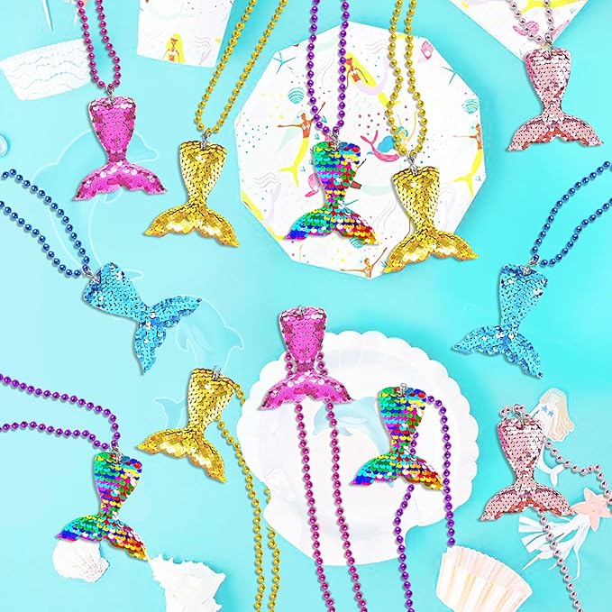 15 Pack Mermaid Sequin Necklace Party Favors with Mardi Gras Beads