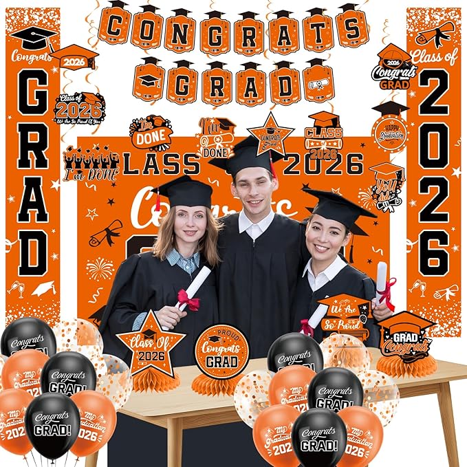 Graduation Decorations 2026 Orange Set, Congrats Grad Decor Set with