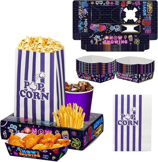 60Pcs Movie Night Supplies 30Pcs Neon Movie Night Snack Trays with