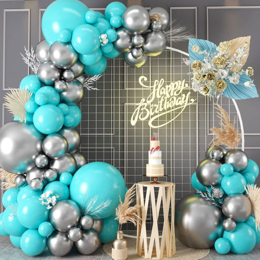 Teal Balloon Garland Kit, 100 Pcs Metallic Silver and Teal Blue