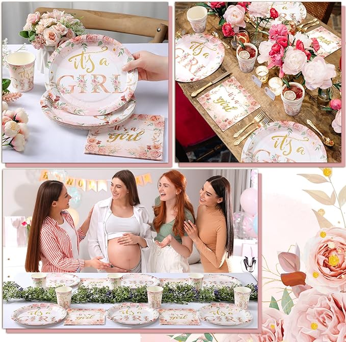 200 Pcs Floral Baby Shower Paper Plates Napkins Cups Baby Shower