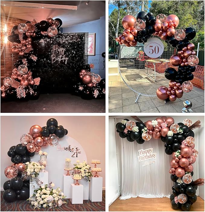 132pcs Rose Gold and Black Balloon Arch Kit, Metallic Rose Gold and
