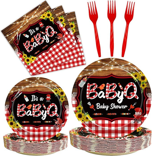 96 Pcs BBQ Baby Shower Decorations It's A BabyQ Party Plates and