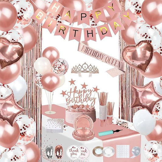 253 Pcs Birthday Decorations for Women Rose Gold Party Decorations