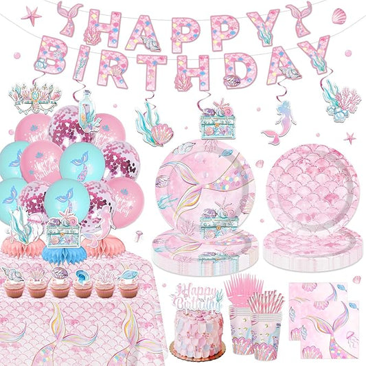 175PCS Mermaid Party Decorations Mermaid Theme Party Supplies Plates