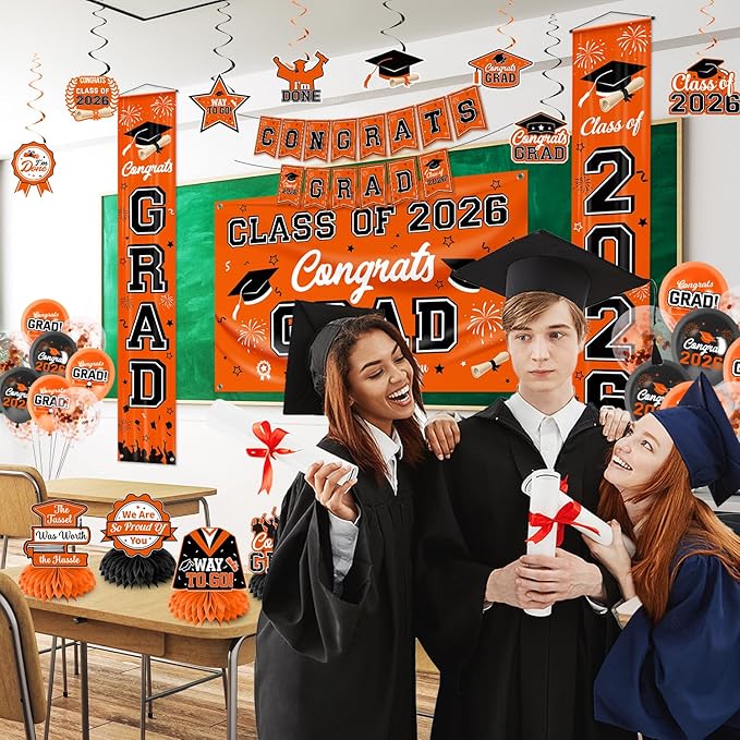 Graduation Decorations 2026 Orange Graduation Party Decor Set include