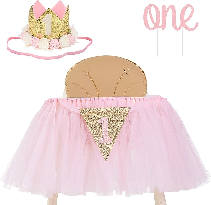 1st Birthday Girl Decoration High Chair Tutu Skirt WITH No.1 Crown