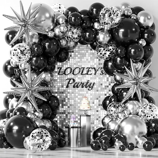 137Pcs Black and Silver Balloons Garland Arch Kit with Stars - 5 10