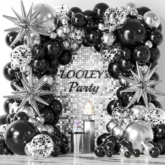137Pcs Black and Silver Balloons Garland Arch Kit with Stars - 5 10