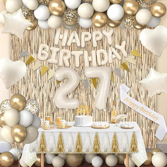 27th Birthday Decorations for Women, White and Gold 27 Boho Birthday