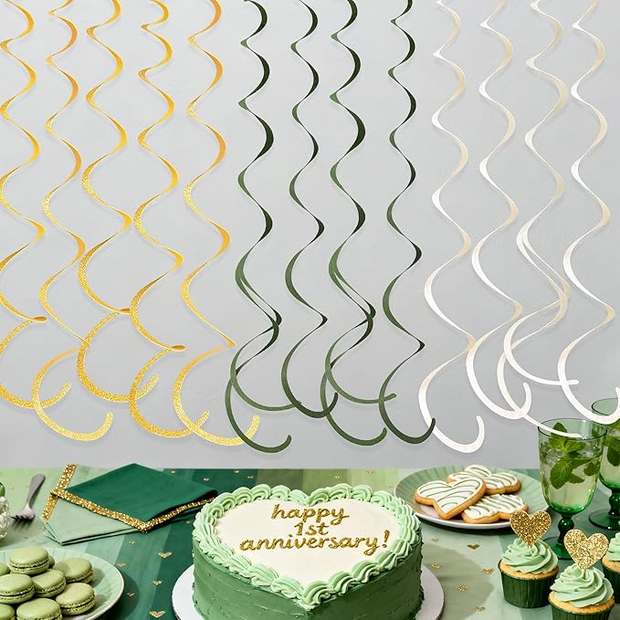 36Pcs Sage Green Gold Hanging Swirl Decorations Glitter Gold Olive