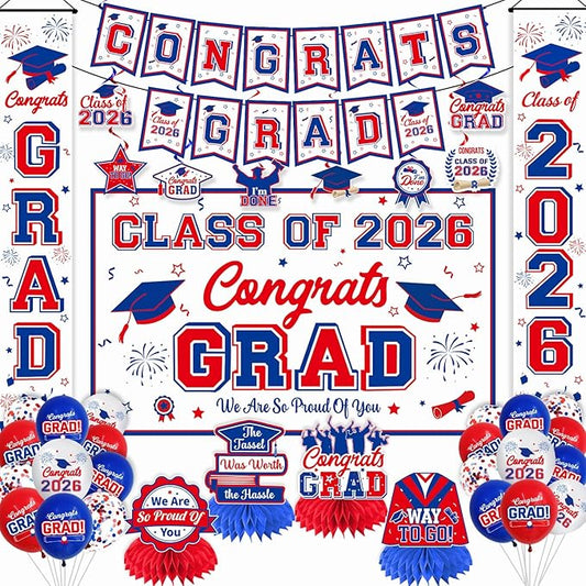 Graduation Decorations 2026 White Blue and Red Graduation Party Decor