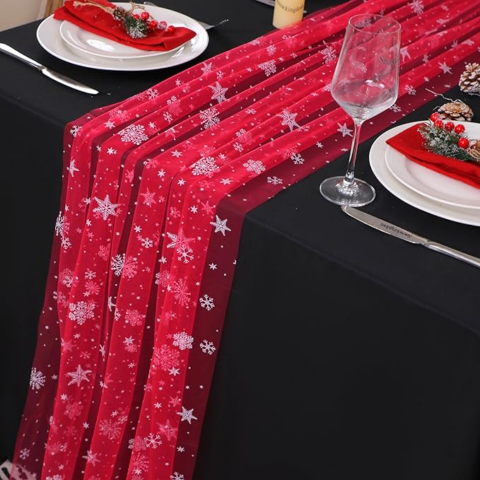 Snowkingdom Red Christmas Table Runner, Red and White Snowflakes