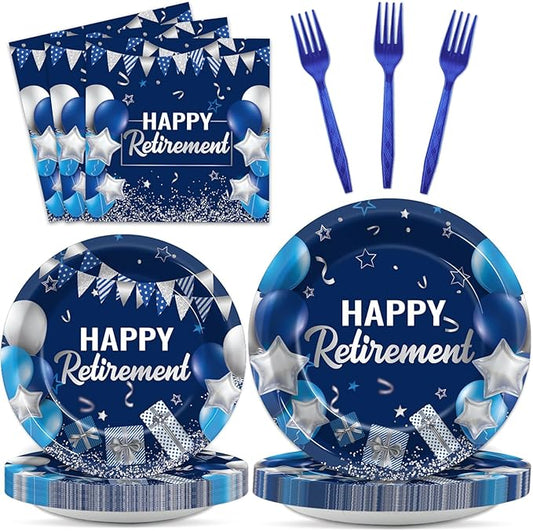96 Pcs Retirement Plates and Napkins Party Supplies Paper Happy