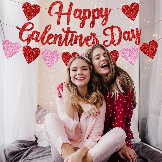Happy Galentine's Day Banner with Red Pink Glitter Hearts for Home