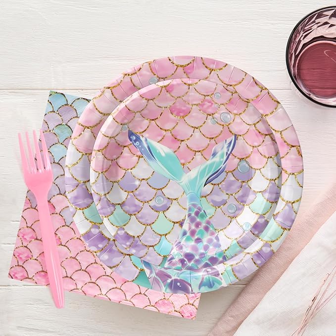 96Pcs Mermaid Plates and Napkins Party Supplies Mermaid Fishtail