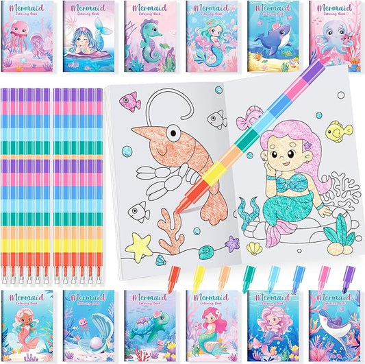 24 Mermaid Mini Coloring Books Kids with 24 Stacking Crayons Little