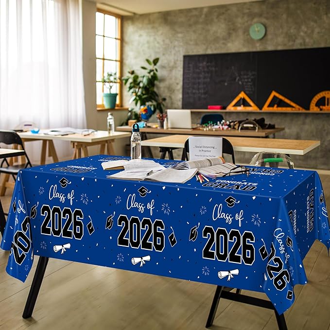QZYL 4 Pack Graduation Tablecloth, 54" x 108" Blue Graduation Table