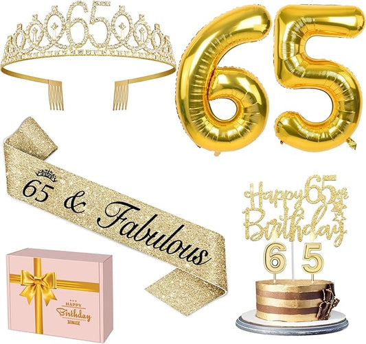 65th Birthday Decorations for Women with Tiara and Sash Candles and