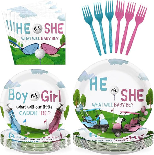 96Pcs Golf Gender Reveal Party Supplies He She Theme Plates