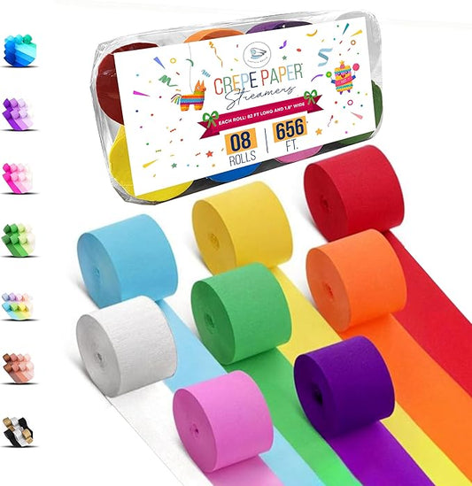 8 Crepe Paper Streamers Rolls, 656ft Pack of Unique 8 Rainbow