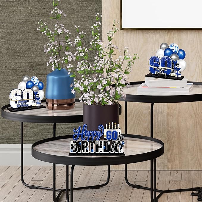 Happy 60th Birthday Blue Acrylic Table Topper Centerpieces