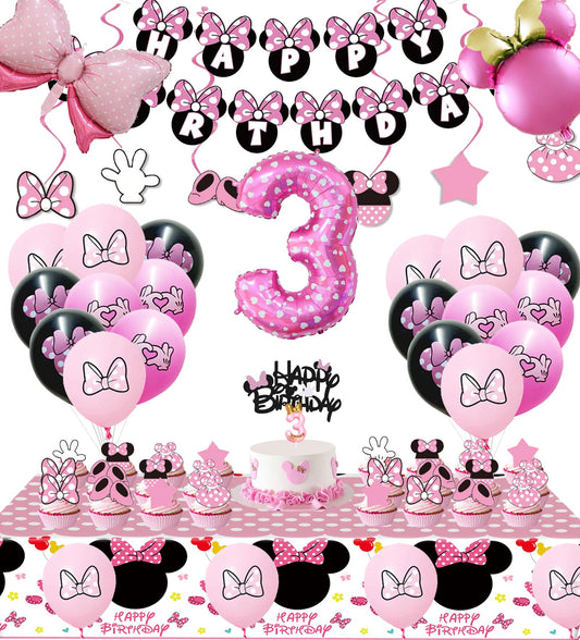 Pink Mouse 3rd Birthday Party Supplies, Three Years Old Girl Bow Party