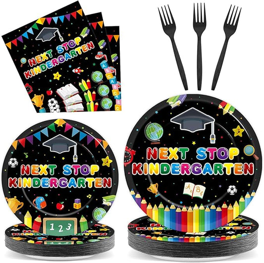 96Pcs Preschool Graduation Plates and Napkins Next Stop Kindergarten