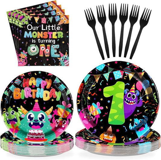 96 Pcs Monster 1st Birthday Party Supplies Little Monster Plates and